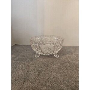 ANTIQUE SAWTOOTH EDGE 3 FOOTED CRYSTAL BOWL W/ CUT & FROSTED FLOWERS 5" ROUND